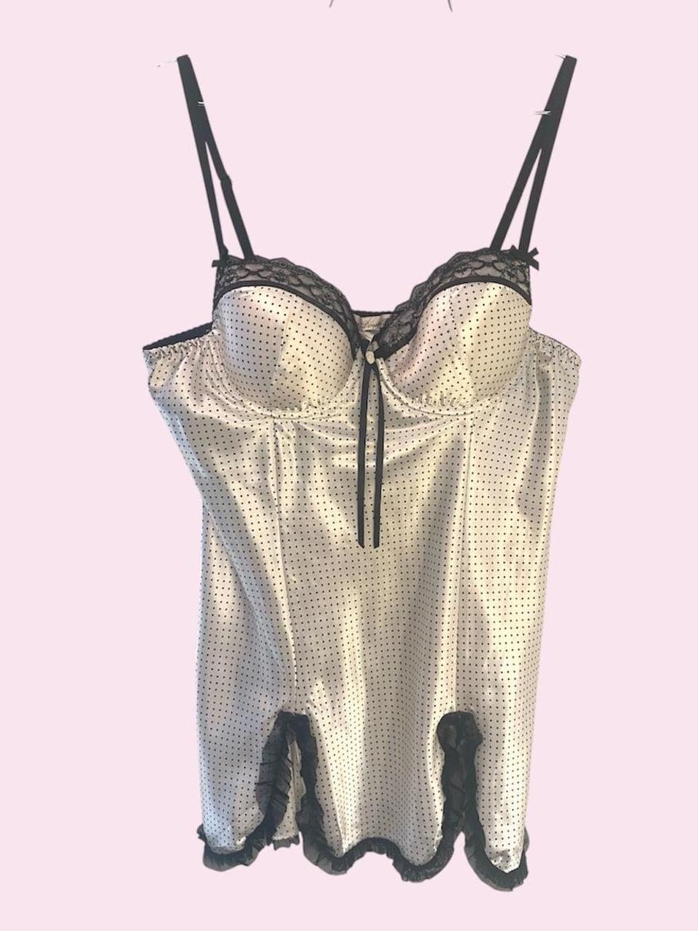 Linea Donatella Cream Satin Polka Dot Chemise with Black Lace